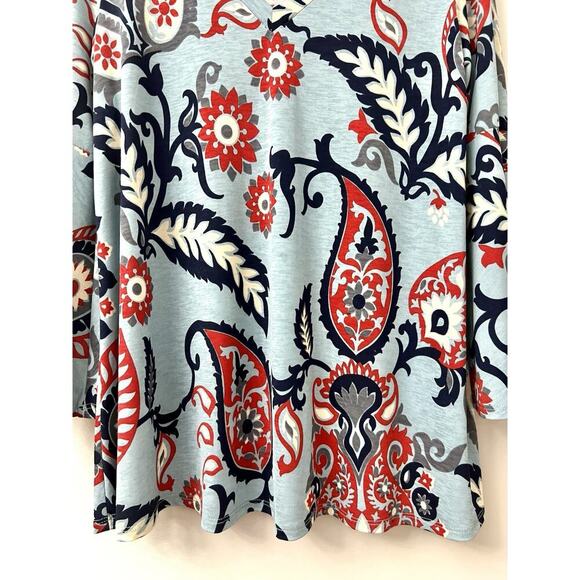 Honeyme Women's Sz S Boho Floral Paisley Print 3/4 Bell Sleeve Top Stretch Artsy - Picture 3 of 9